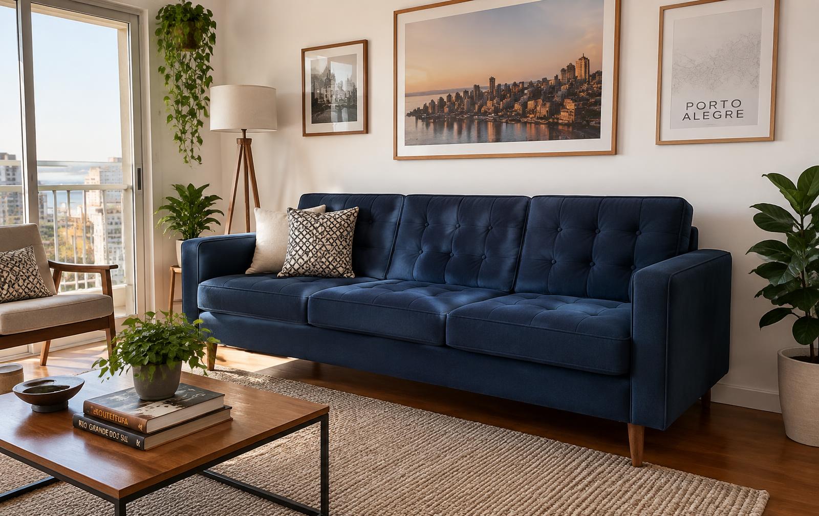Sala com sofá azul estofado